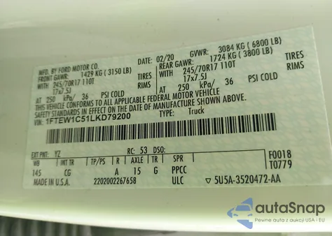 2020 Ford F-150 Xl z USA, uszkodzony, nr VIN 1FTEW1C51LKD79200